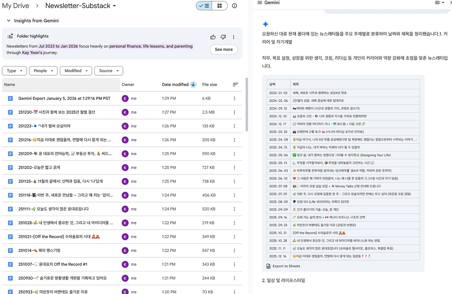 May be a graphic of ‎screen and ‎text that says '‎My Drive Newsletter-Substack Gemini Folder highlights Gemini Modified Name See mare 리어밋자기계발 Janugry 분류하여 Ownar 2026 1:29:16 성장을 니다. Data modified 시진과 생각 점리했습니다.1.거 me Filesize 리더십 전산 개민의 251223- 1:29PM 모십이야 6KB 초섬을 1:27 뉴스러터입 이다로 2.5MB 251209- 1:26PM 윤대표의 언미는력, 135K 부둔산 씨드,., 251202-오늘은품고 1:25PM 590 251118- 1:25PM 미번 사로운 만남물 727KB 그리고요 같이... 오늘드 생각이 마야게 738KH 군나표입니다 인디민선 วะลูกกว 1:24PM Life: 406 1:24PM 520 Record] 수퍼으로의 Monsy 251014- 안내력드립니 생스기빙 me 219K 1:22PM 고싶어,역장장 349 250930-- 1:22PM 547KB 방항생할 개전골 기획하고 있어요 1:21 شم 미친것미 바른데도 숨거운 미유 343KB 121PM 244KB Shoets 1:20PM 70KB 릴라이프스타윈‎'‎‎