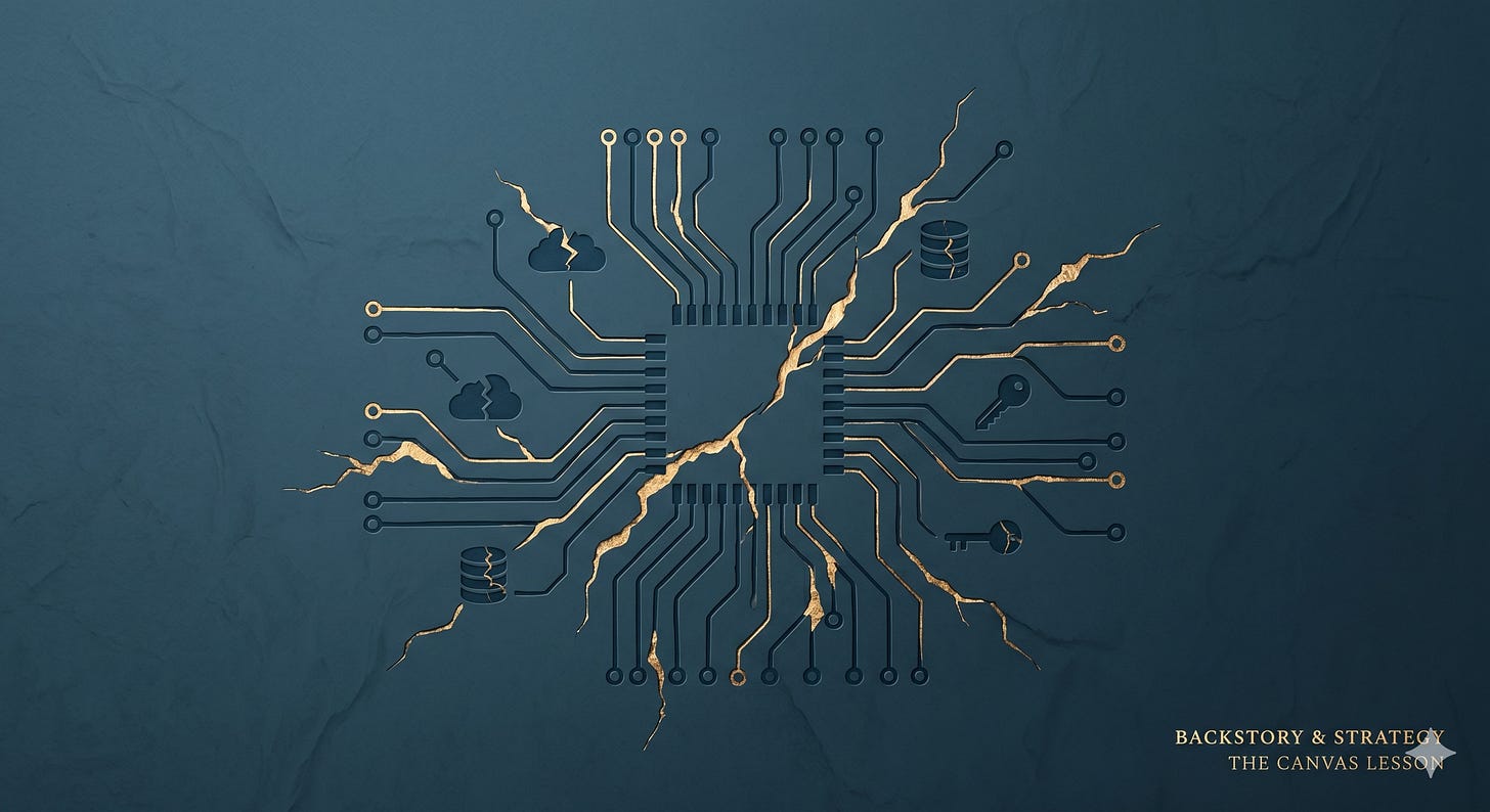 A conceptual digital illustration on a textured deep-sea blue background featuring a central computer processor chip rendered in a minimalist, hand-drawn style. Expanding from the chip is a complex network of circuit board lines and nodes. A large, jagged crack runs diagonally through the entire circuit, filled with a metallic gold-leaf texture resembling the Japanese art of Kintsugi. Small icons for cloud storage, database cylinders, and security keys are integrated into the circuitry, some appearing broken by the gold-filled fissure.