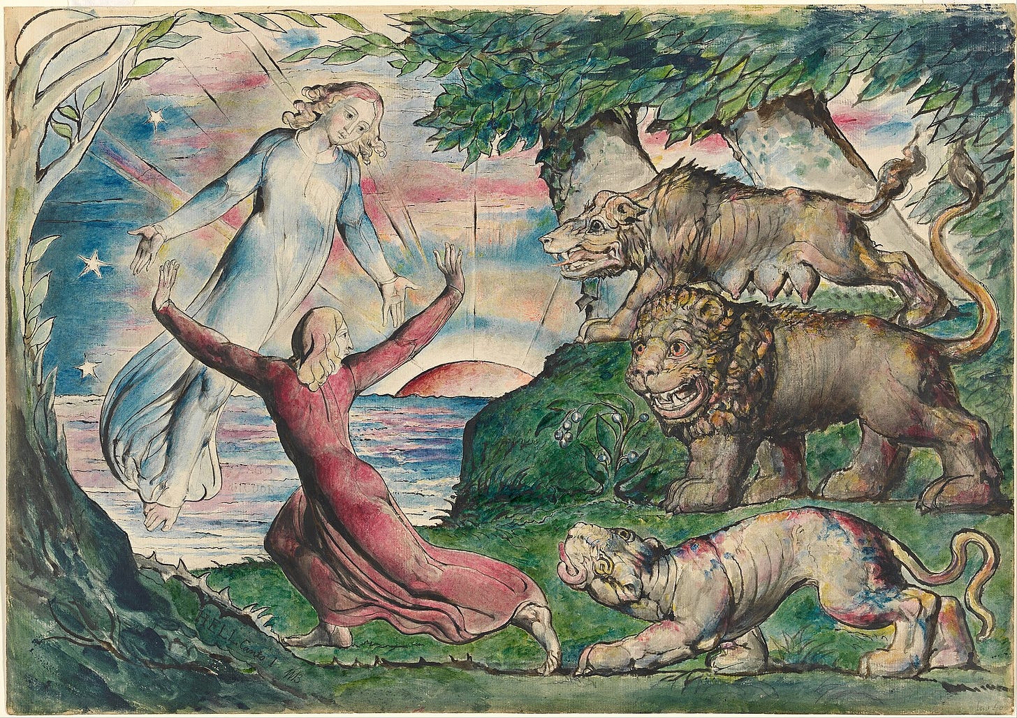 In a watercolor, Dante in a red robe flees toward Virgil while a leopard, a lion and a she-wolf block the path, with a sunrise over water behind a dark wood. In a watercolor, Dante in a red robe flees toward Virgil while a leopard, a lion and a she-wolf block the path, with a sunrise over water behind a dark wood.