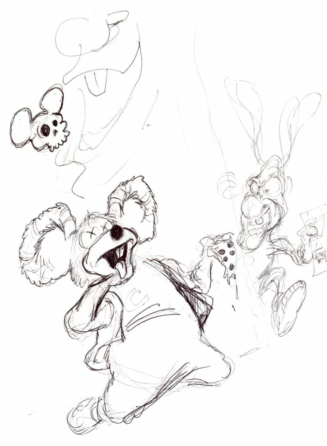 Ink wash sketches of Chuck E Cheese and the Noid. Ink wash sketches of Chuck E Cheese and the Noid.