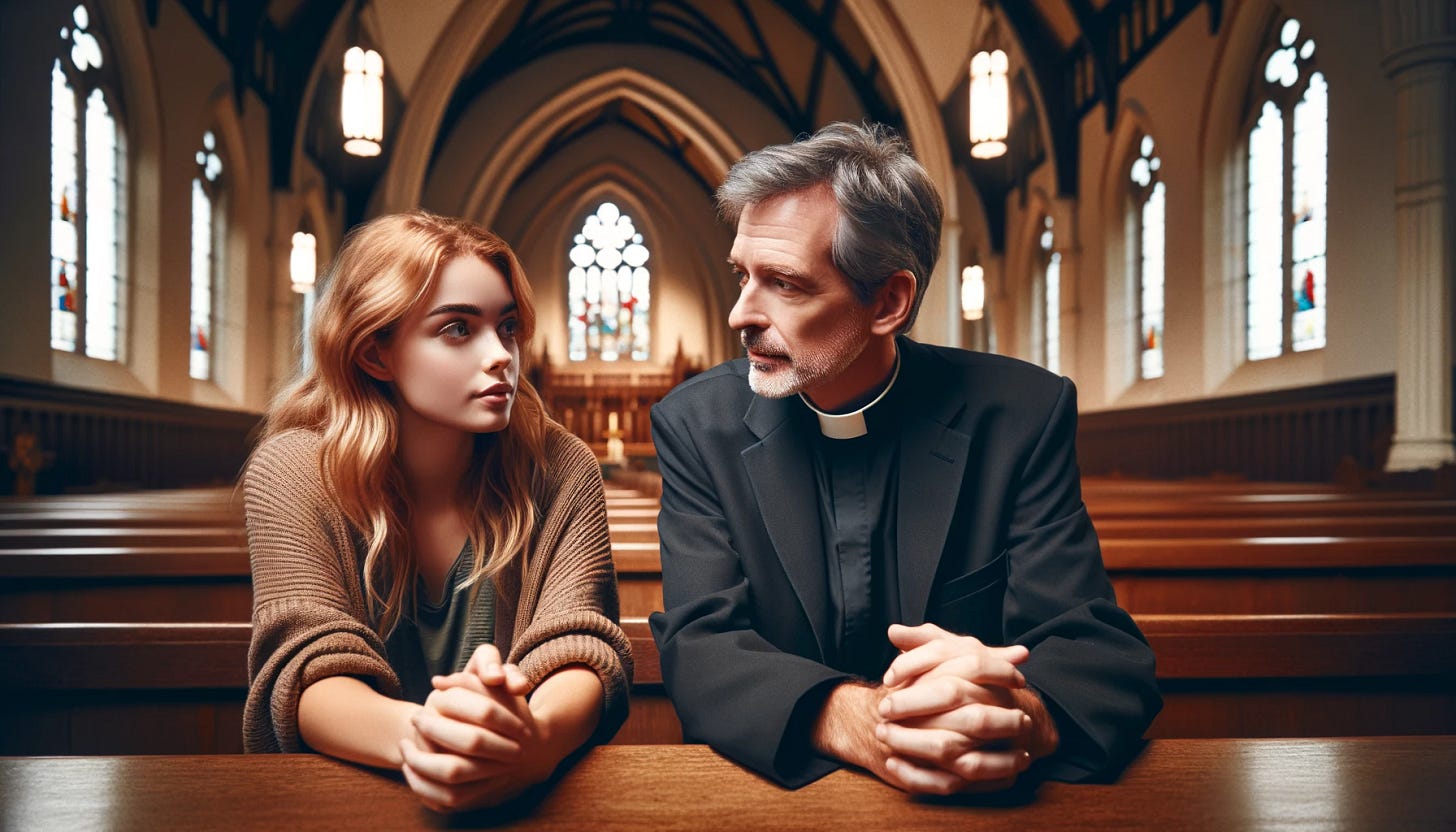 A thoughtful discussion scene in a place of worship. A reverend in his early 60s, dressed in clerical attire, sits attentively, listening to a strawberry blonde woman in her early 40s. They discuss relationships and philosophy in an equal, reflective exchange. The setting is a warm, softly lit chapel with high arches, stained glass windows, and wooden pews in the background, enhancing the contemplative atmosphere. Both individuals share open, respectful expressions, with the reverend leaning in slightly, indicating genuine interest in the conversation.