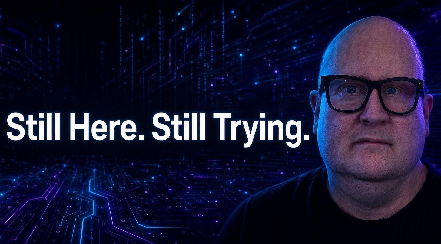 Wide cyberpunk-style banner. On the left, a metallic blue-and-purple robotic helmet/cyborg head against a dark background of glowing circuit traces. Center text reads “Cyborg21” in stylized glowing blue lettering, followed by “Still Here. Still Trying.” in white. On the right, a close-up portrait of a bald man with black-rimmed glasses and a black shirt looking directly at the camera. The background is dark with blue and purple neon circuit-board lines. Wide cyberpunk-style banner. On the left, a metallic blue-and-purple robotic helmet/cyborg head against a dark background of glowing circuit traces. Center text reads “Cyborg21” in stylized glowing blue lettering, followed by “Still Here. Still Trying.” in white. On the right, a close-up portrait of a bald man with black-rimmed glasses and a black shirt looking directly at the camera. The background is dark with blue and purple neon circuit-board lines.