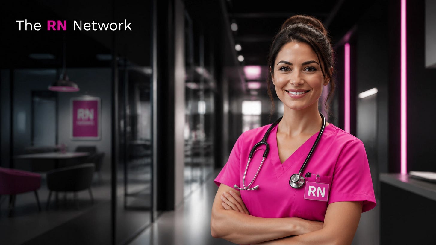 Confident nurse in pink scrubs standing in a modern hospital hallway