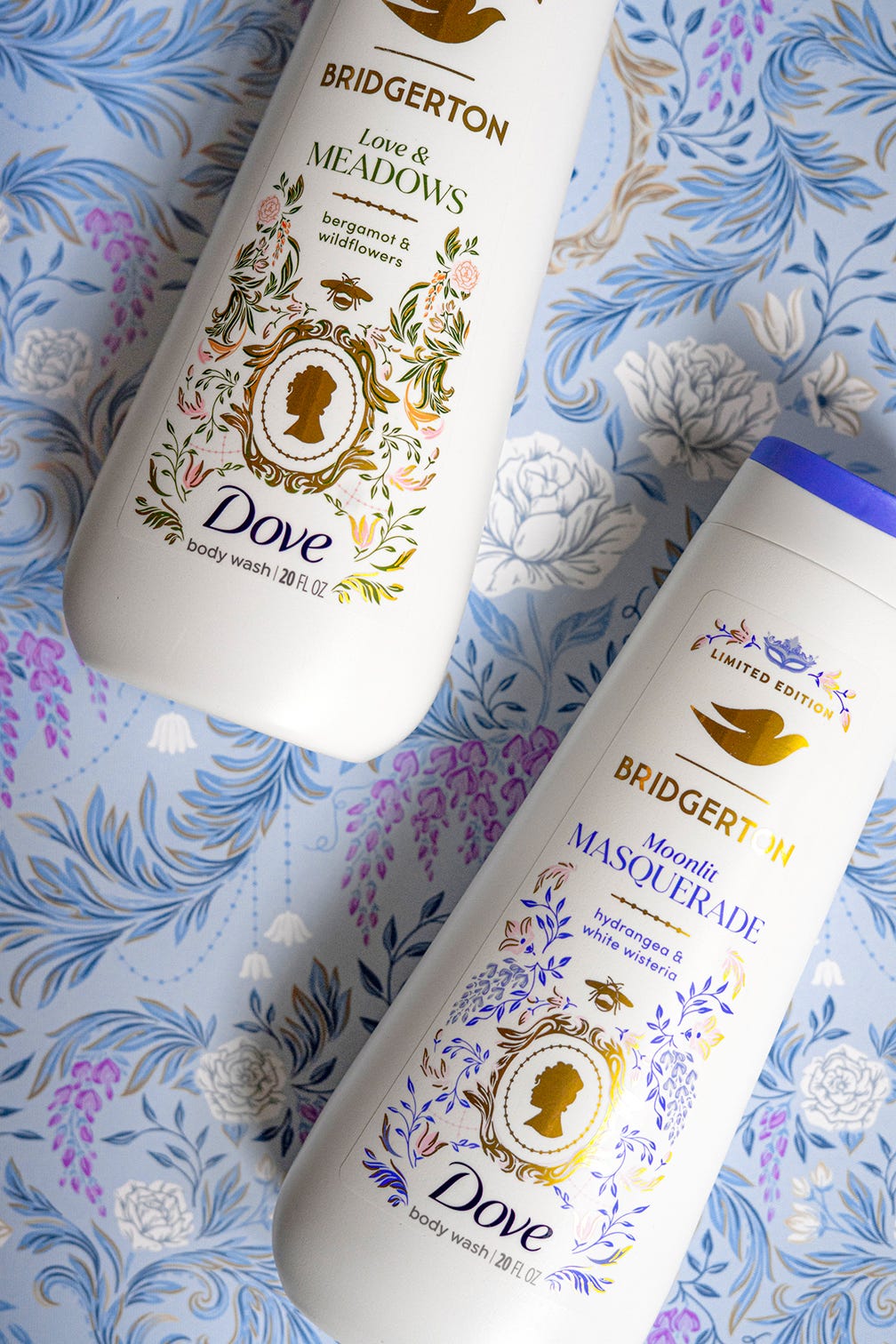 Dove x Bridgerton limited edition brand collaboration, artwork illustration by Maggie Enterrios. Damask wisteria pattern with products on top of patterned background.
