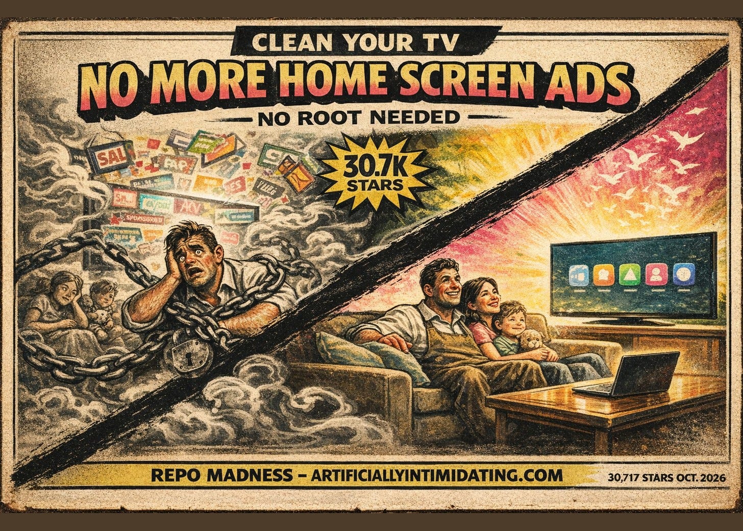 Two-panel retro poster split by a diagonal black slash. Left: a family trapped in chains under a storm of ad tiles. Right: the same family relaxed before a TV with five plain app tiles. Reads CLEAN YOUR TV, NO MORE HOME SCREEN ADS. Two-panel retro poster split by a diagonal black slash. Left: a family trapped in chains under a storm of ad tiles. Right: the same family relaxed before a TV with five plain app tiles. Reads CLEAN YOUR TV, NO MORE HOME SCREEN ADS.