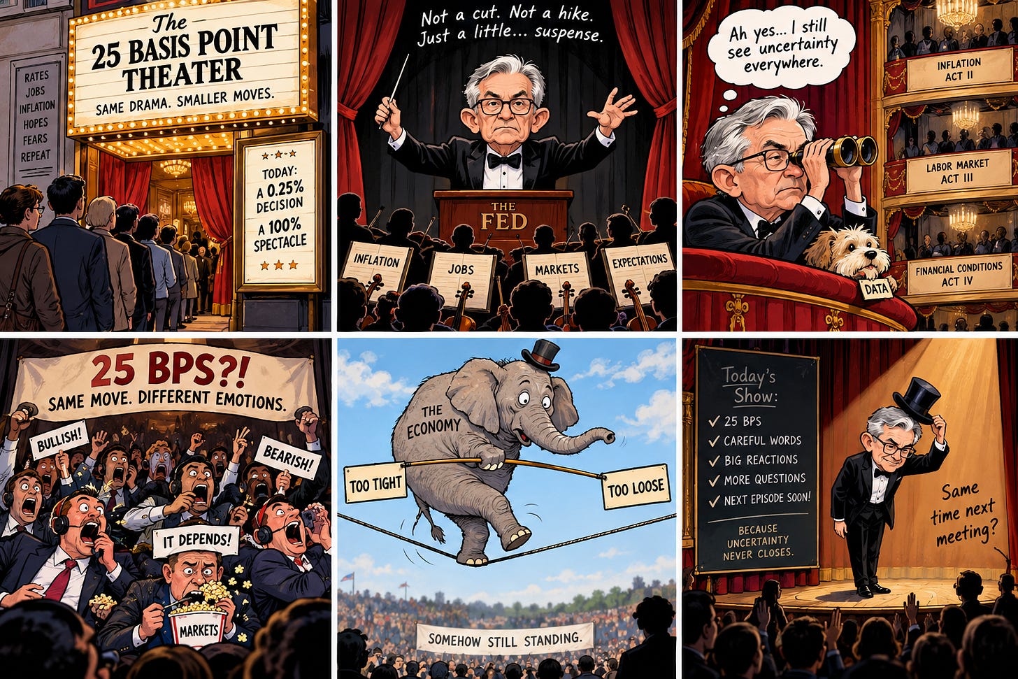 Six-panel satire presents the 25 Basis Point Theater: Fed announcements become a spectacle while audiences react and the economy balances between tight and loose policy.