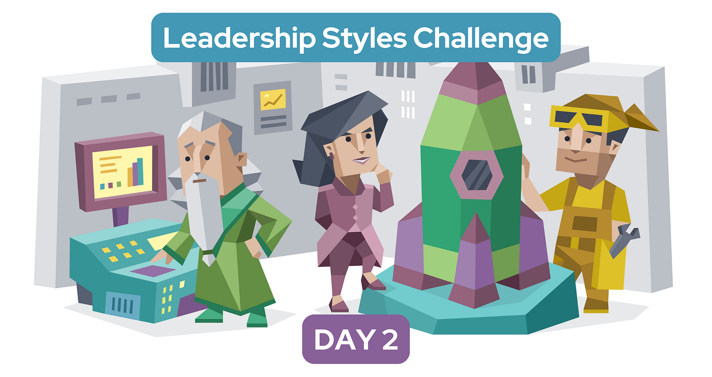 A Diplomat, an Analyst, and an Explorer work together to build a rocket. Text reads: Leadership Styles Challenge: Day 2