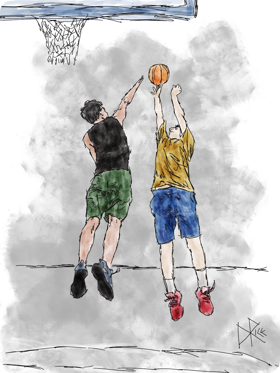Two youngsters challenge each other while playing one-on-one basketball. Sketch art by Don Rice. Two youngsters challenge each other while playing one-on-one basketball. Sketch art by Don Rice.
