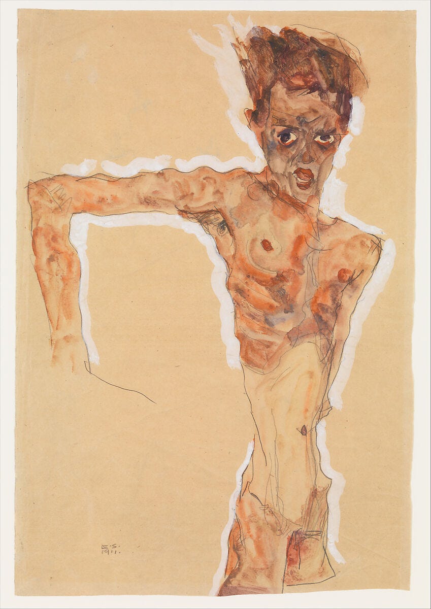 Self-Portrait, Egon Schiele (Austrian, Tulln 1890–1918 Vienna), Watercolor, gouache, and graphite on paper Self-Portrait, Egon Schiele (Austrian, Tulln 1890–1918 Vienna), Watercolor, gouache, and graphite on paper