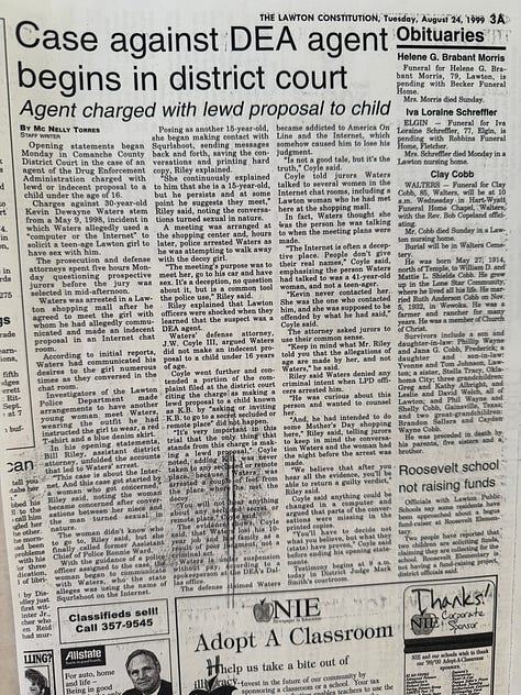 Stories about the DEA agent arrested for making lewd or indecent proposal to a child under the age of 16. Kevin Dewayne Waters drove from Oklahoma City to Lawton to meet a decoy girl he had been chatting with through the Internet. Click on the image to read the stories. (Mc Nelly Torres | Don’t Forget My Voice)