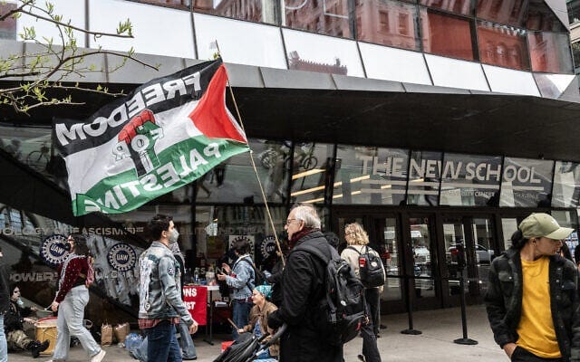 Student activists and their allies protest in front of the New School in support of an encampment for pro-Palestinian, anti-Israel protesters on April 21, 2024 in New York City. (Stephanie Keith/Getty Images/AFP)
