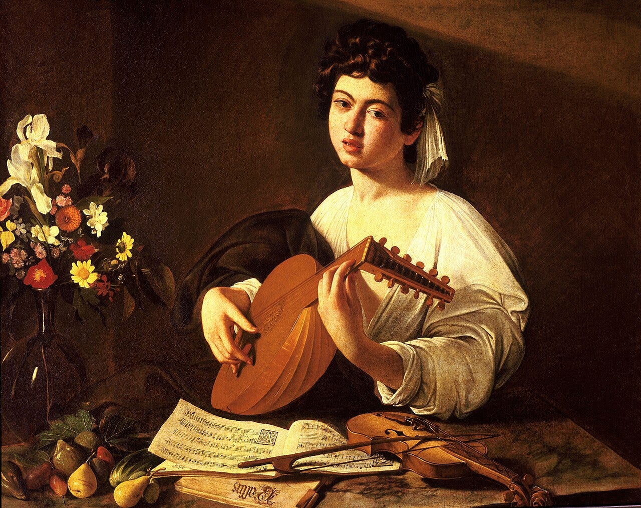 A young musician singing from a songbook and playing a lute A young musician singing from a songbook and playing a lute