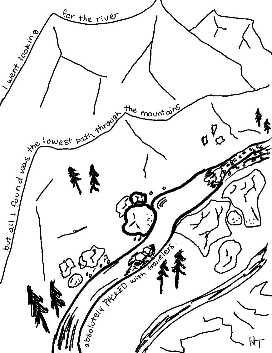 May be an illustration of map and text that says 'for the river lookin went through Hhrough the mountains mount the lowest path LUS found all but with travelers 天春 PACKED absolutely 片'