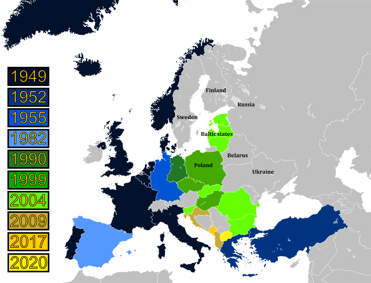 Map of NATO expansion (Original image: Patrickneil, CC BY-SA 3.0, via Wikimedia Commons; image modified to add names of places) Map of NATO expansion (Original image: Patrickneil, CC BY-SA 3.0, via Wikimedia Commons; image modified to add names of places)