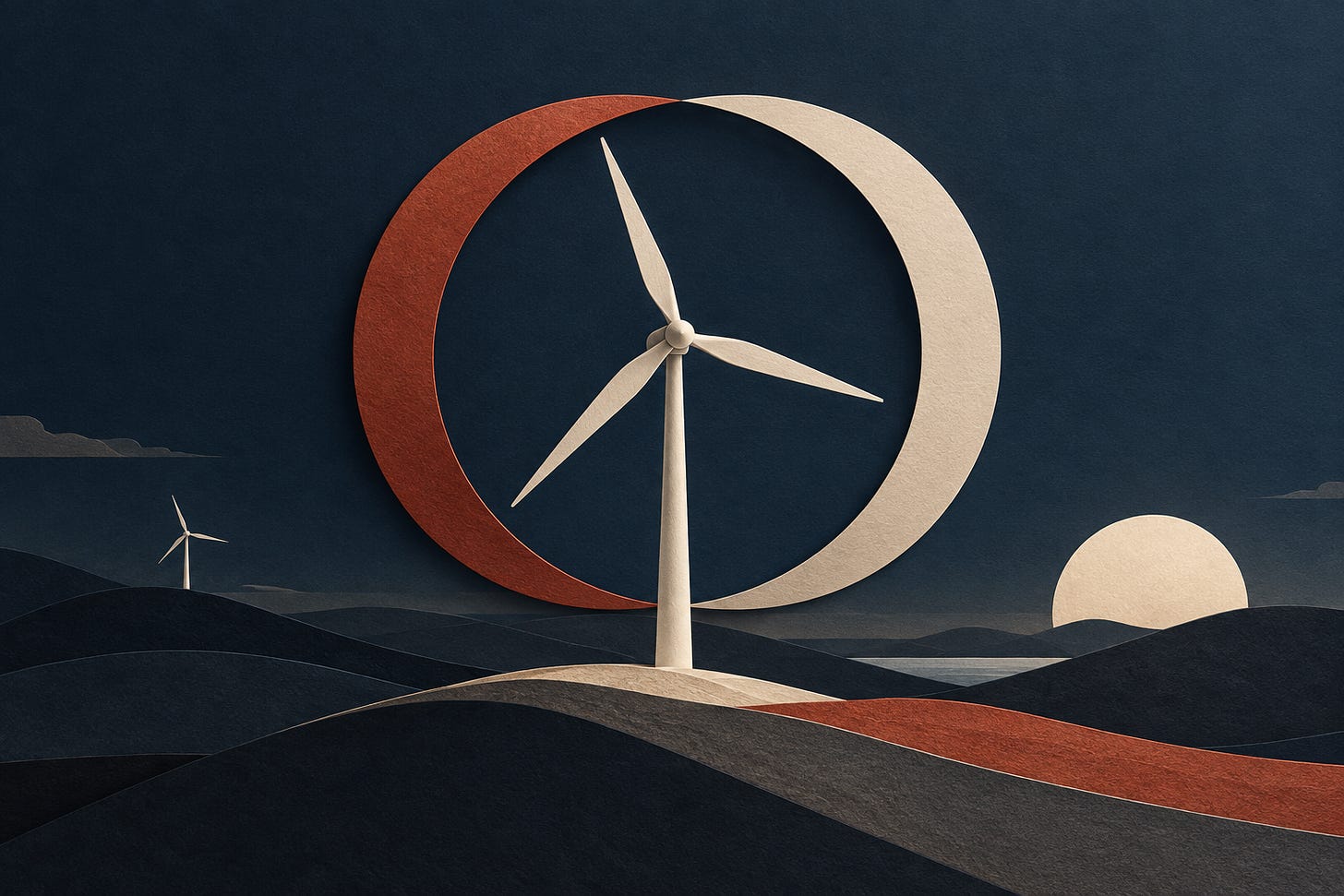Editorial illustration of a wind turbine framed by copper and ivory bands above layered hills. Editorial illustration of a wind turbine framed by copper and ivory bands above layered hills.