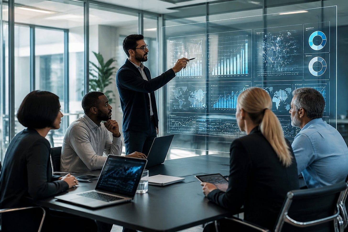 A group of professionals collaborating around a conference table with digital devices and a transparent screen displaying graphs, engaged in discussion.