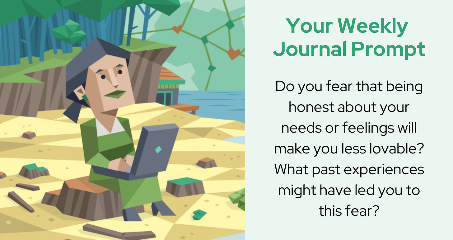 An INFJ woman sits on a tree stump with a laptop, surrounded by a natural setting with trees and water. Next to the image is text that reads "Your Weekly Journal Prompt" followed by a question: Do you fear that being honest about your needs or feelings will make you less lovable? What past experiences might have led you to this fear?