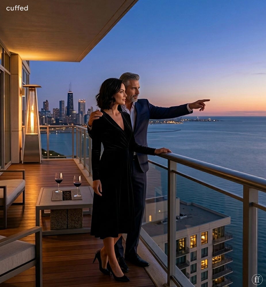 a man and woman stand on a high-rise balcony at dusk overlooking a city skyline and lake. he stands behind her, one hand on her shoulder, the other pointing toward the horizon. she follows his gaze. two glasses of red wine rest on a table behind them. the mood is cinematic, aspirational, and quietly melancholic — the visual embodiment of a man describing a future while she looks toward it, believing. warm amber balcony lighting against a cooling blue twilight sky. cuffed wordmark top-left in white. fused ff logo bottom-right in white. seo tags: future faking, emotional manipulation in relationships, masculine accountability, modern dating, trust and betrayal, cuffed media. a man and woman stand on a high-rise balcony at dusk overlooking a city skyline and lake. he stands behind her, one hand on her shoulder, the other pointing toward the horizon. she follows his gaze. two glasses of red wine rest on a table behind them. the mood is cinematic, aspirational, and quietly melancholic — the visual embodiment of a man describing a future while she looks toward it, believing. warm amber balcony lighting against a cooling blue twilight sky. cuffed wordmark top-left in white. fused ff logo bottom-right in white. seo tags: future faking, emotional manipulation in relationships, masculine accountability, modern dating, trust and betrayal, cuffed media.