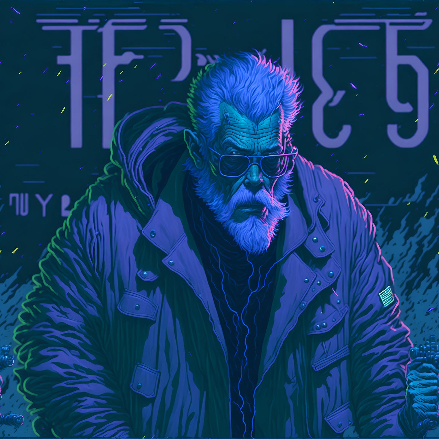 A very wise old man in a futuristic environment, with frankly cool aviator sunglasses.