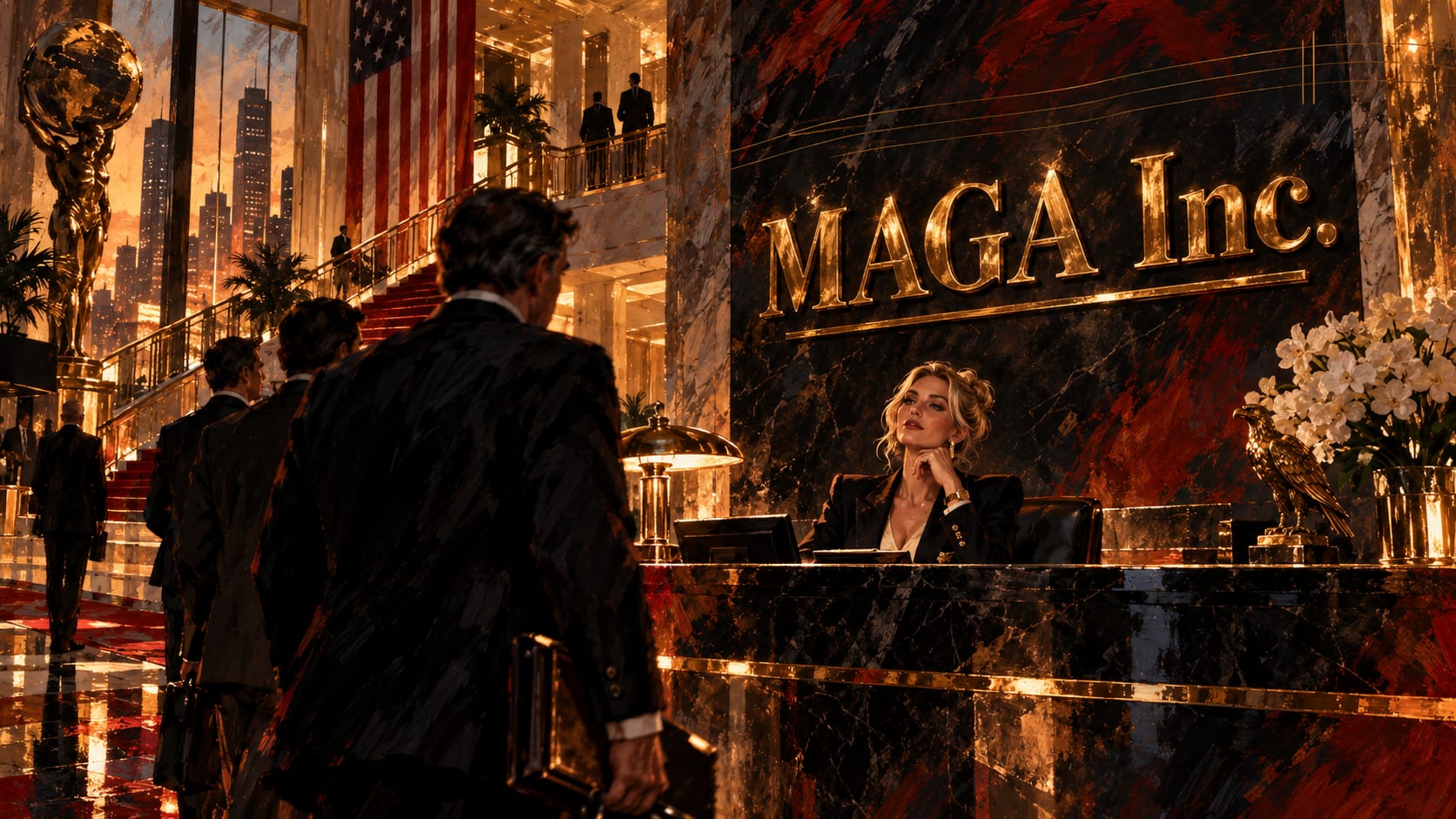 Digital illustration of an opulent, gilded corporate lobby with men in suits waiting at a reception desk beneath large golden lettering that reads 'MAGA Inc.', with an American flag and sunset city skyline visible in the background.