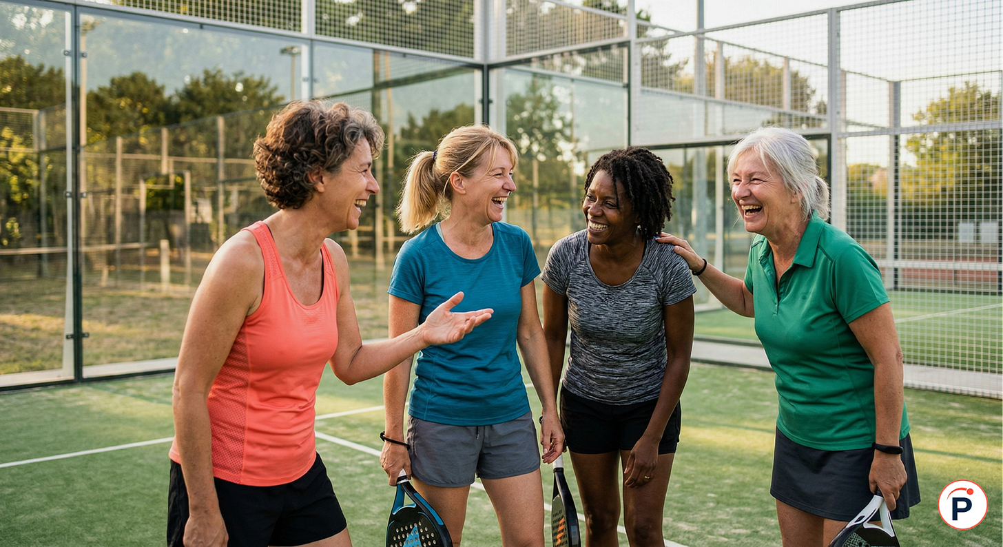 quatre joueuses de padel de 60 ans complices et souriantes quatre joueuses de padel de 60 ans complices et souriantes