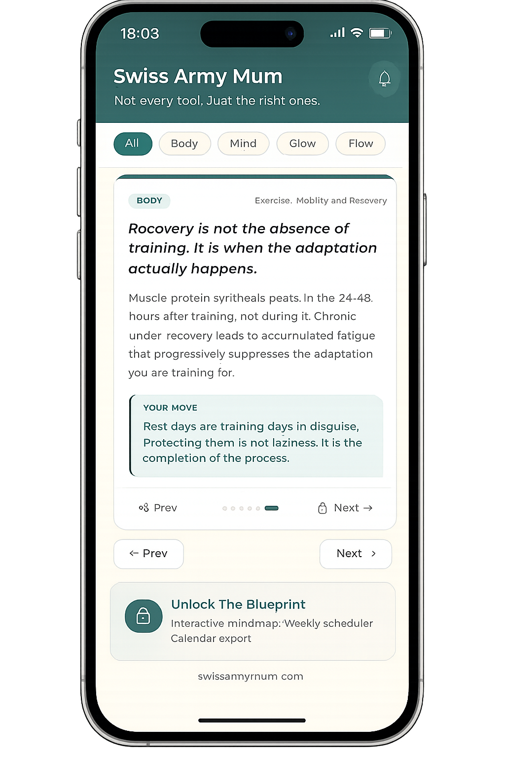 SAM wellness app displayed on iPhone showing daily health insight card across Body, Mind, Glow and Flow pillars for women over 35