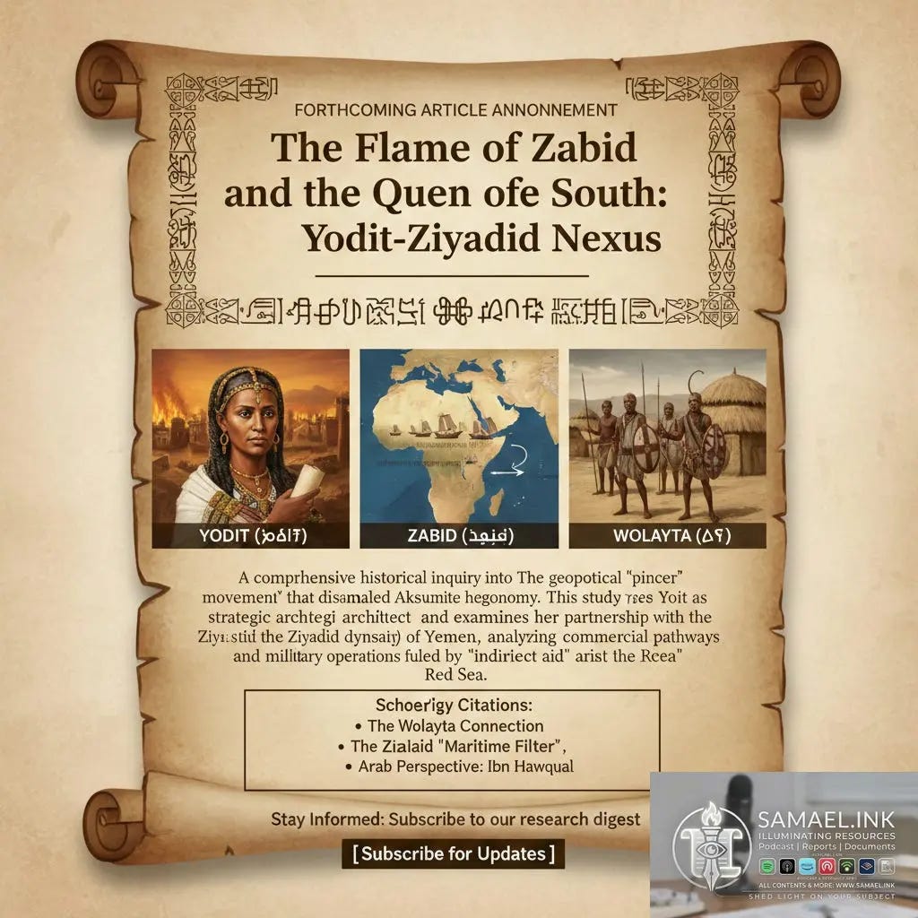 The Fire of the SouthAn image featuring an antique paper scroll on a textured beige background with stylized decorative borders on the top and sides, a title in large, stylized font: “THE FLAME OF ZABID and the Quen ofe South: Yodit-Ziyadid Nexus”, an intricate line of script, then three square photos: a portrait of an East African woman in royal clothing labeled “YODIT (యోడిత్)”; a map of East Africa and the Middle East showing trade routes labeled “ZABID (సబీద్)”; and a photo of five warriors with spears in front of thatch-roofed huts labeled “WOLAYTA (వోలయట)”; below that, text in small print about a research study and a box titled “Scholarly Citations”, followed by “Stay Informed: Subscribe to our research digest” and a “Subscribe for Updates” button at the bottom. The overall image has a rustic, historical feel.