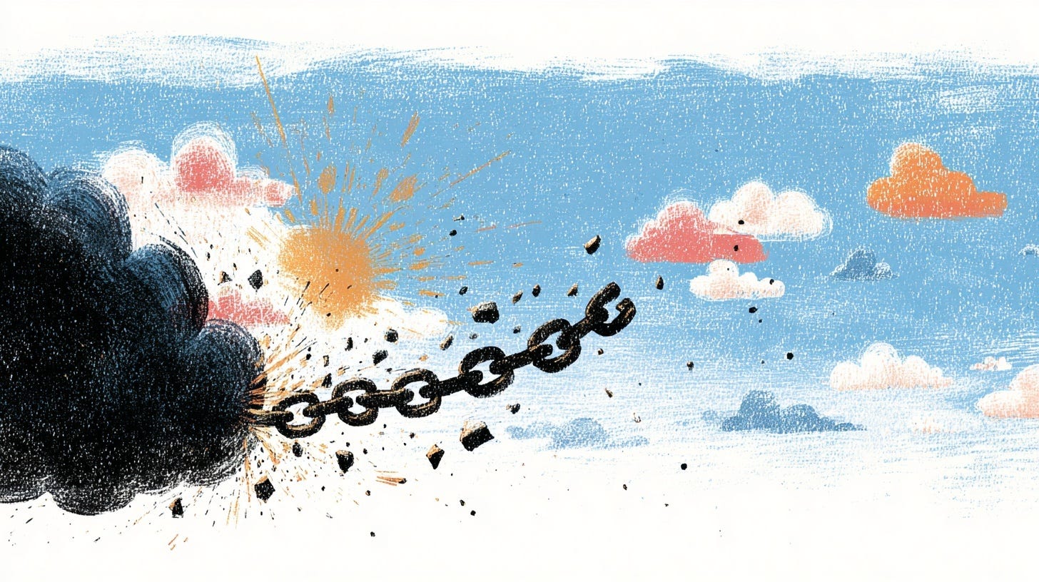 Illustration of a heavy chain breaking apart with an explosive burst, debris scattering against a blue sky with pink and orange clouds Illustration of a heavy chain breaking apart with an explosive burst, debris scattering against a blue sky with pink and orange clouds