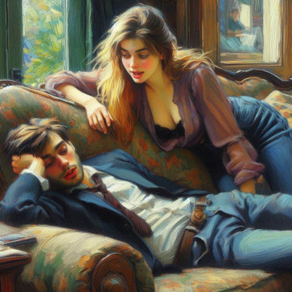 An moderately attractive young woman tries to attract the attention of a lazy, but good-looking man lying down on a coach. Impressionist style An moderately attractive young woman tries to attract the attention of a lazy, but good-looking man lying down on a coach. Impressionist style