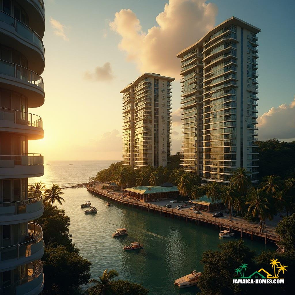 High-rise condos soaring above Montego Bay’s coast, reflective glass towers with tropical greenery spiraling upward, elevated walkways crossing between buildings, fishing boats on the water below 