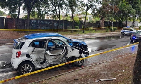 The site of the crash involving a Lamborghini and a Smart car.