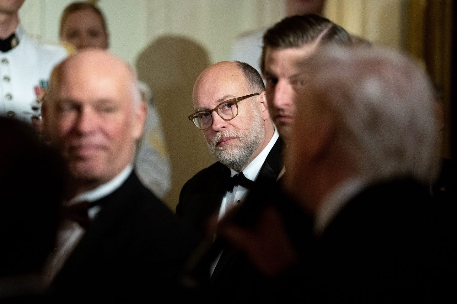 Office of Management and Budget Director Russell Vought attends the National Governors Association dinner at the White House, Saturday, Feb. 21, 2026, in Washington. (AP Photo/Allison Robbert)