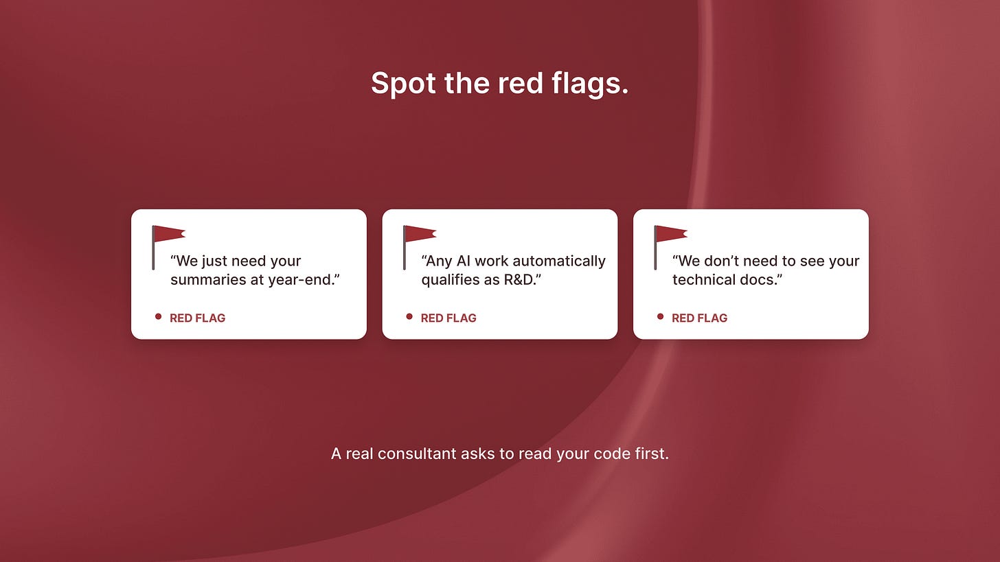 Three red-flag answers a weak SR&ED consultant gives, from year-end summaries to skipping your technical docs.