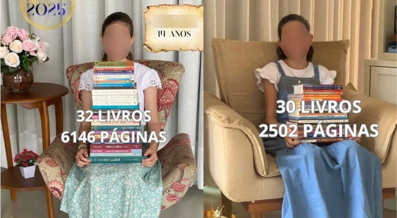As meninas, hoje com 11 e 15 anos, leram cerca de 30 livros em 2025. As meninas, hoje com 11 e 15 anos, leram cerca de 30 livros em 2025.