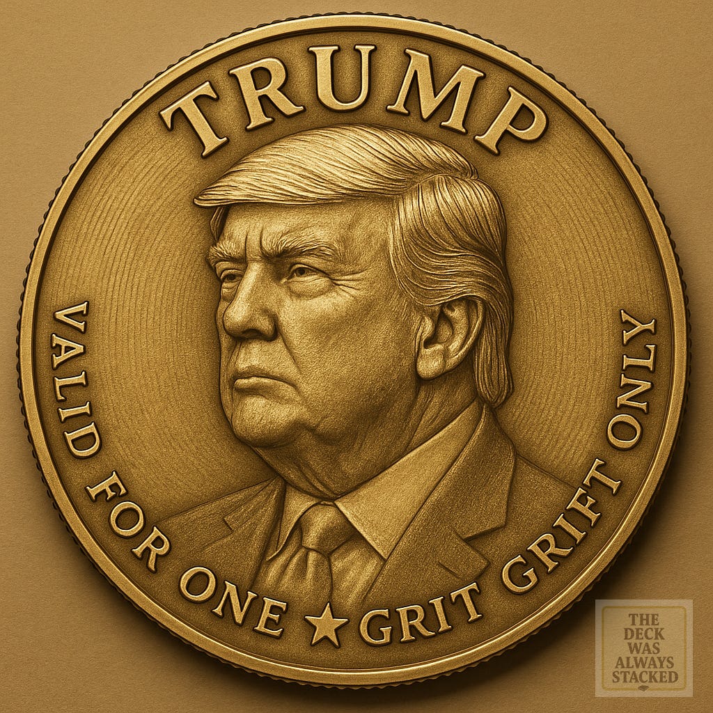 A golden image of the $1 Trump coin, honored in grit and grift.