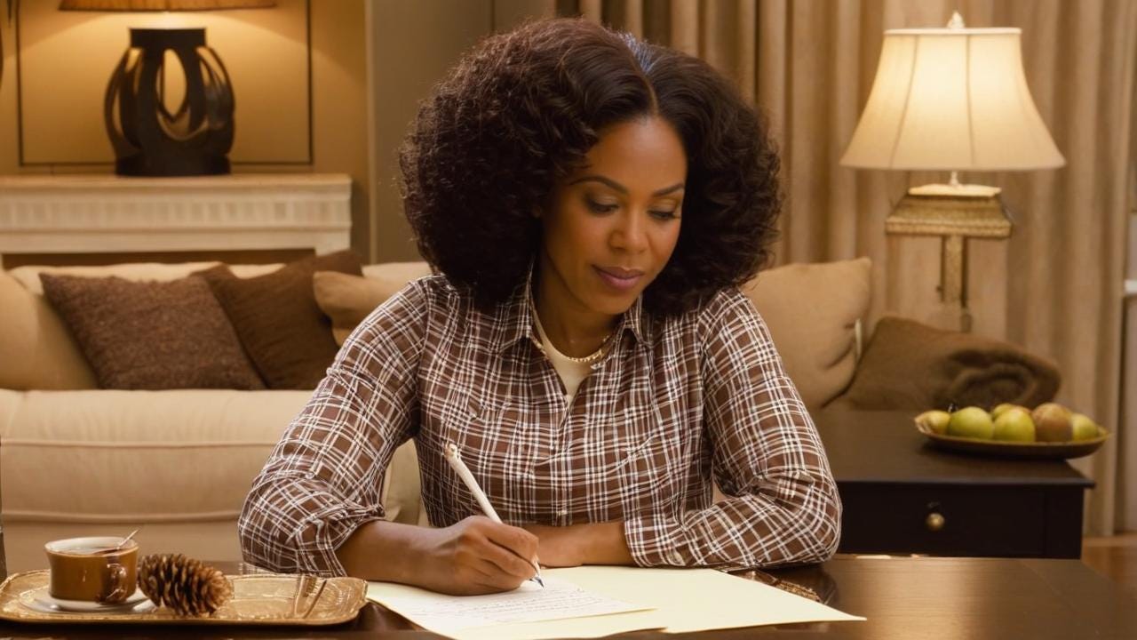 African American woman sitting in the family room sitting at the table writing a letter with pretty brown and cream shirt on