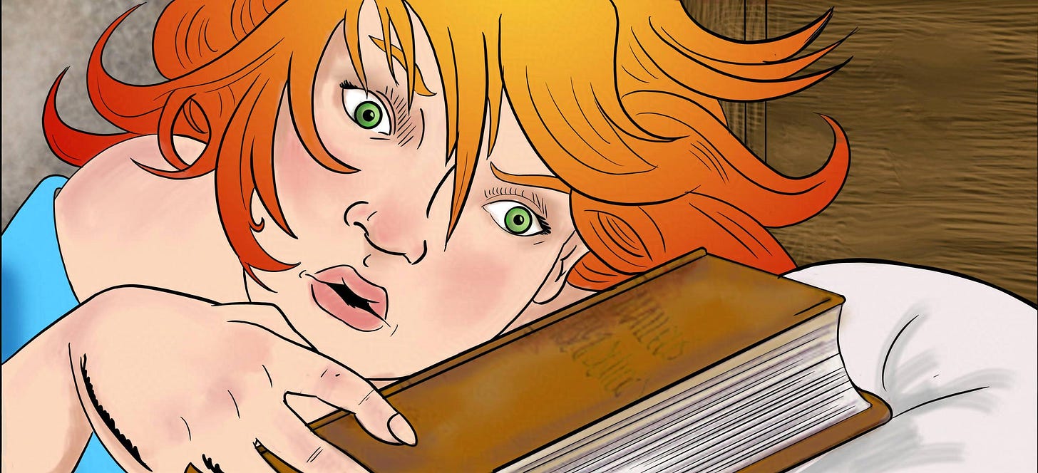 Panel 6. Krakatoa turns around in the bed, towards the book.