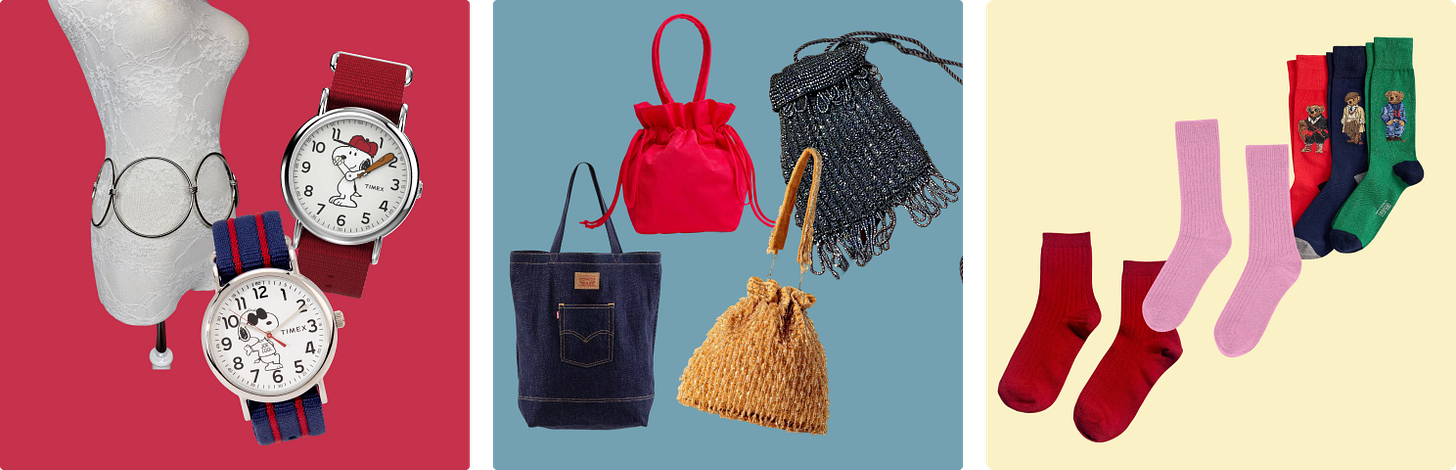 snoopy watch, metal hoop belt, tote bag, beaded purses, ralph lauren socks, comme si socks, le bon shoppe socks