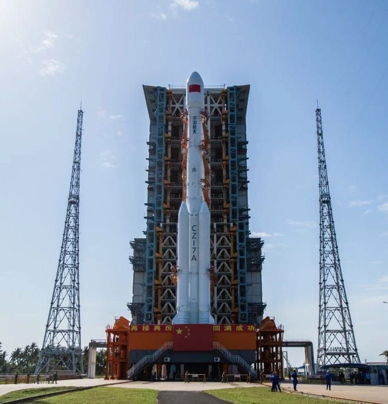 The Long March 7A Y10 vehicle at Launch Complex 201 ahead of its launch mission. The Long March 7A Y10 vehicle at Launch Complex 201 ahead of its launch mission.