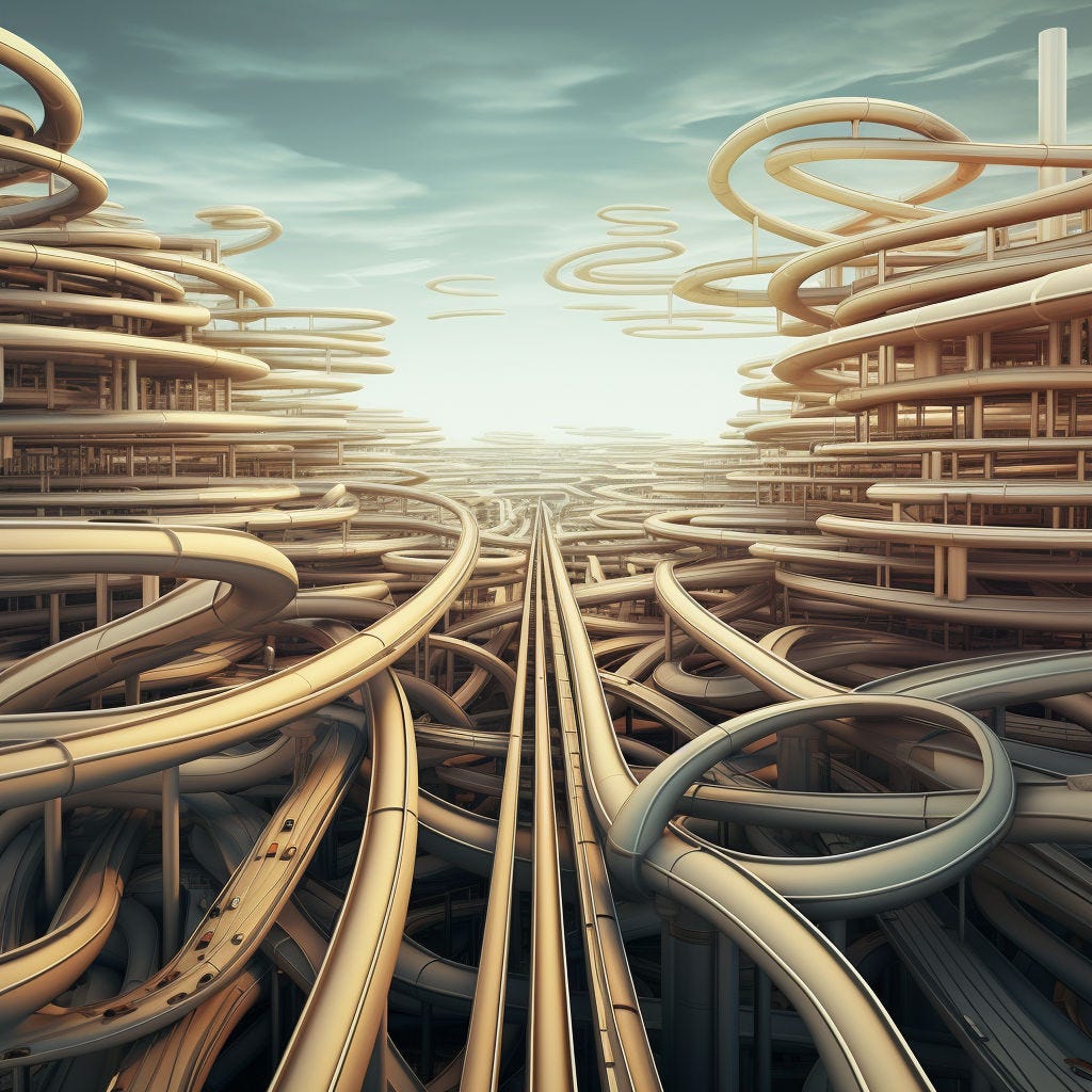 a ramp to the highway made up of a series of pipes, digital art