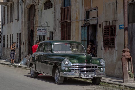 A second 3x3 grid of nine photographs from Havana, Cuba. The images show daily city life, including: kids jumping off the Malecón sea wall, people fishing at sunset, boys playing soccer in the street, classic American cars, a mural of Che Guevara, a dilapidated building, and a street vendor with a fruit cart.