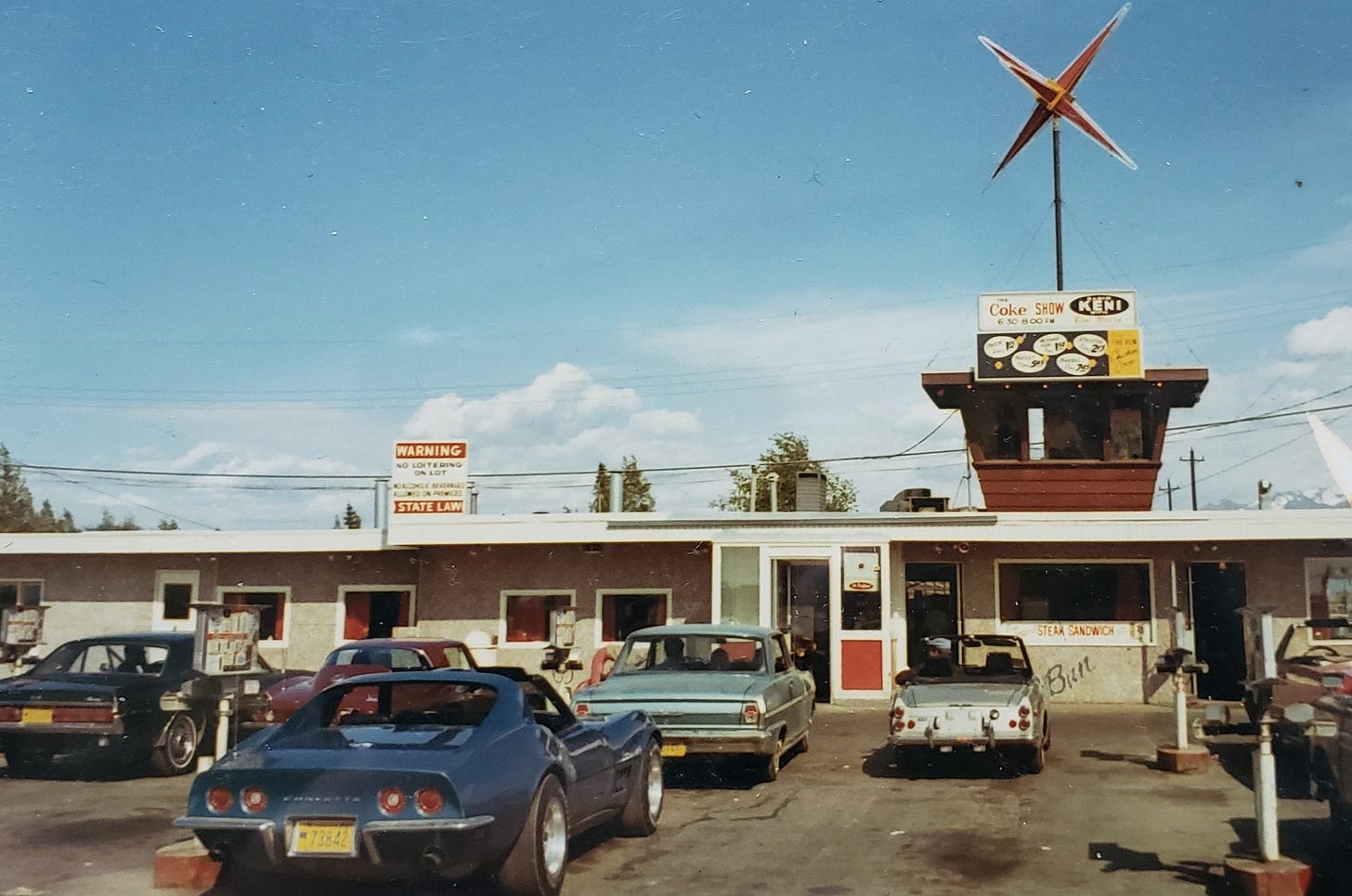 The Bun Drive-In and the Coke Show radio booth in 1969 Anchorage, Alaska. Photo by Ty Pierce.