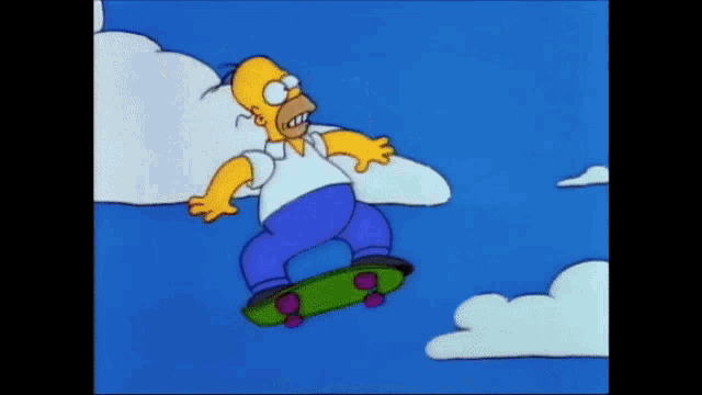 a cartoon of homer simpson riding a skateboard in the sky