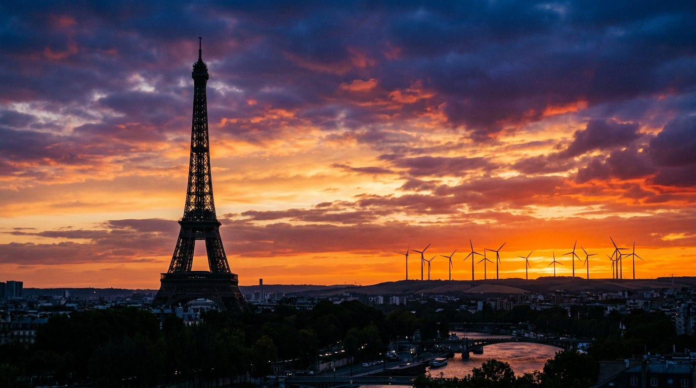 The Eiffel Tower silhouetted against a dramatic sunset sky, with a row of wind turbines visible on the horizon beyond the Paris skyline and the Seine below. The Eiffel Tower silhouetted against a dramatic sunset sky, with a row of wind turbines visible on the horizon beyond the Paris skyline and the Seine below.