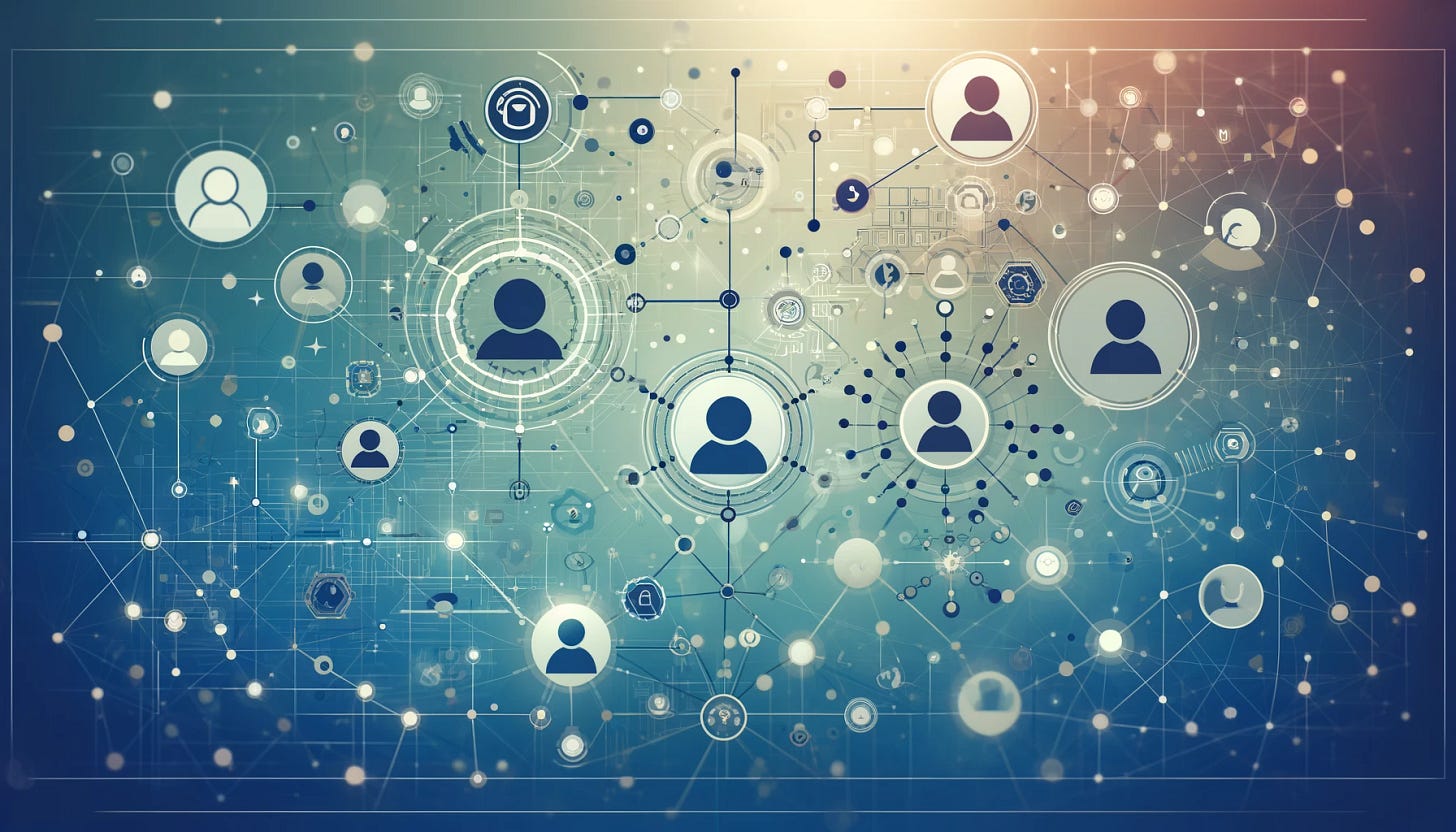 Create a minimalist 16:9 image that embodies the concept of community growth and sharing within the fintech sector. The image should visually represent the idea of people connecting and referring others to a fintech platform. Include abstract representations of connections, such as interconnected dots or networks, and subtle nods to the financial technology industry like digital patterns or currency symbols. The overall color scheme should be calming and professional, incorporating shades of blue and green to symbolize trust, growth, and innovation.