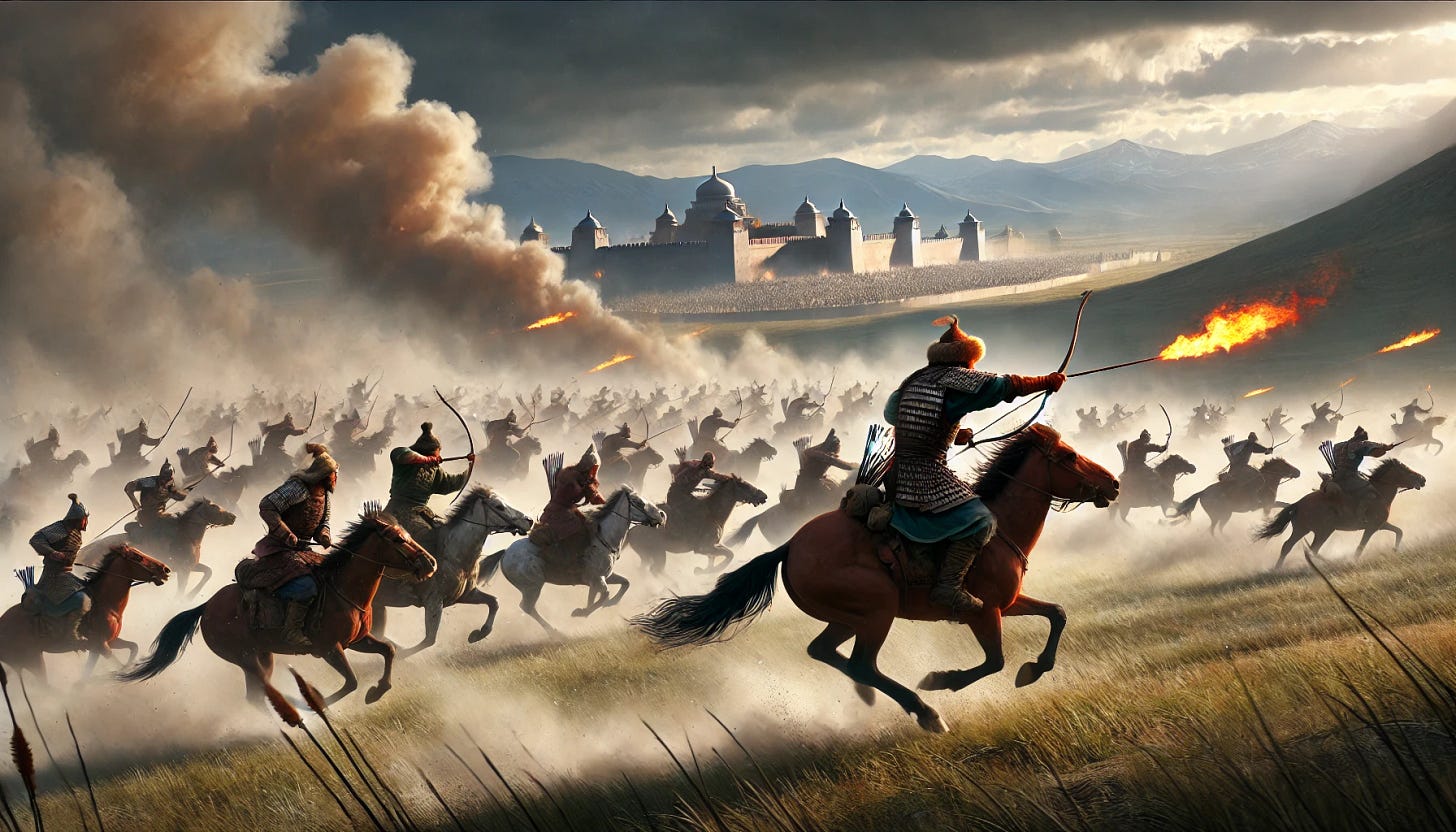A dynamic scene of Mongolian horsemen riding across a vast grassy plain, charging towards a distant city. The riders are depicted in traditional Mongolian armor, fur hats, and riding sturdy horses. They are shooting burning arrows towards the city, where smoke can be seen rising. The horses are galloping at full speed, dust rising beneath their hooves, and the sky is cloudy, casting a dramatic atmosphere over the battlefield. In the background, the city's walls are visible, with small fires breaking out from the impact of the flaming arrows.