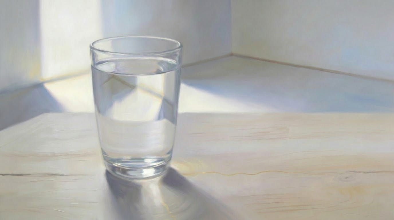 A single plain glass of water on a pale wooden table, filled almost to the rim, the water perfectly still. The clear glass refracts the quiet room behind it, and a thin thread of gold light passes through the water onto the wood. Soft, pale, oil-painted.