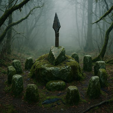 A dark fantasy illustration of Kavan's Cairn from Curse of Strahd. The cairn sits atop a mossy knoll overlooking a ravine, surrounded by twisted trees that arch like mourners. A rough circle of weathered stones, sunken into the earth, is wrapped in creeping roots and scattered raven feathers. At the center lies a broken spearhead, half-swallowed by soil and lichen, glowing faintly with ancient energy. Mist coils around the stones, and a single raven perches nearby. The atmosphere is solemn, eerie, and reverent, with faint green light pulsing from the cairn as though remembering old oaths.