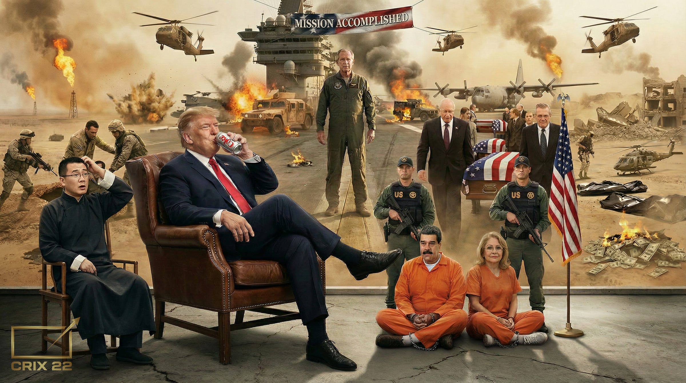 In a Crix22‑style scene, Donald Trump relaxes in a leather chair sipping Diet Coke as explosions, coffins, helicopters, and soldiers fill a “Mission Accomplished” Iraq‑style backdrop, while Prophet Jiang sits beside him looking distressed, highlighting the gap between Jiang’s old‑war prophecy and Trump’s different approach to the Iran conflict.