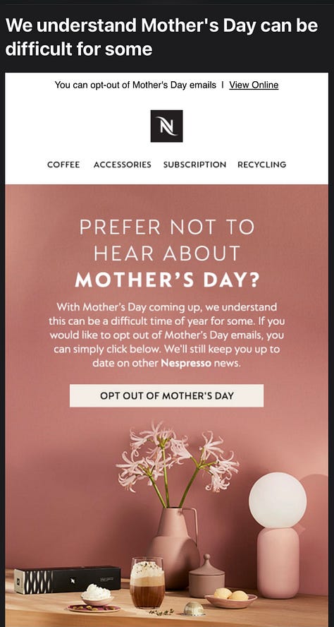 A variety of marketing emails offering subscribers the chance to opt out of Mother's Day marketing